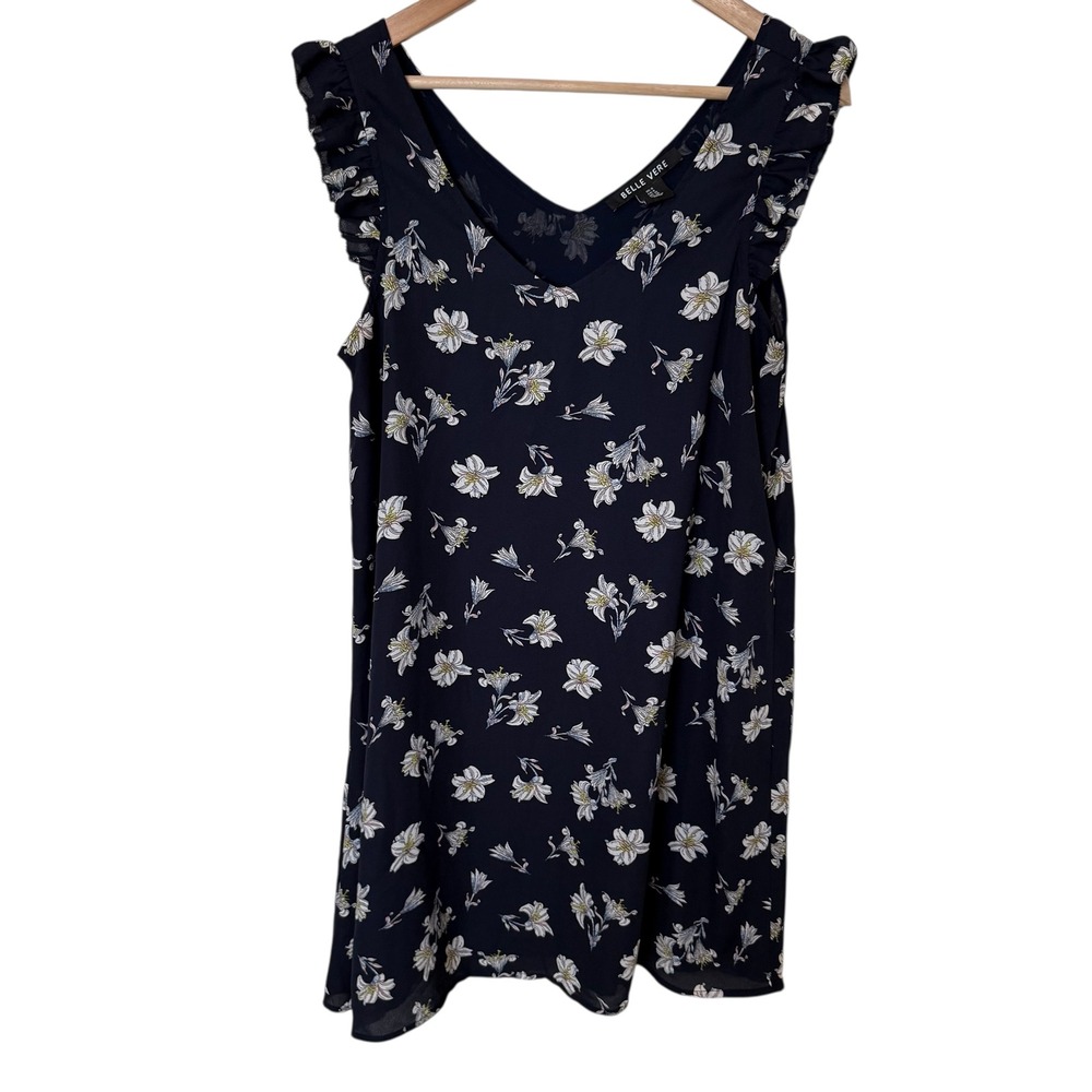 Belle Vere Navy Blue Floral Lily Ruffle Sleeve V-Neck Shift Dress Size 6 MD6437L